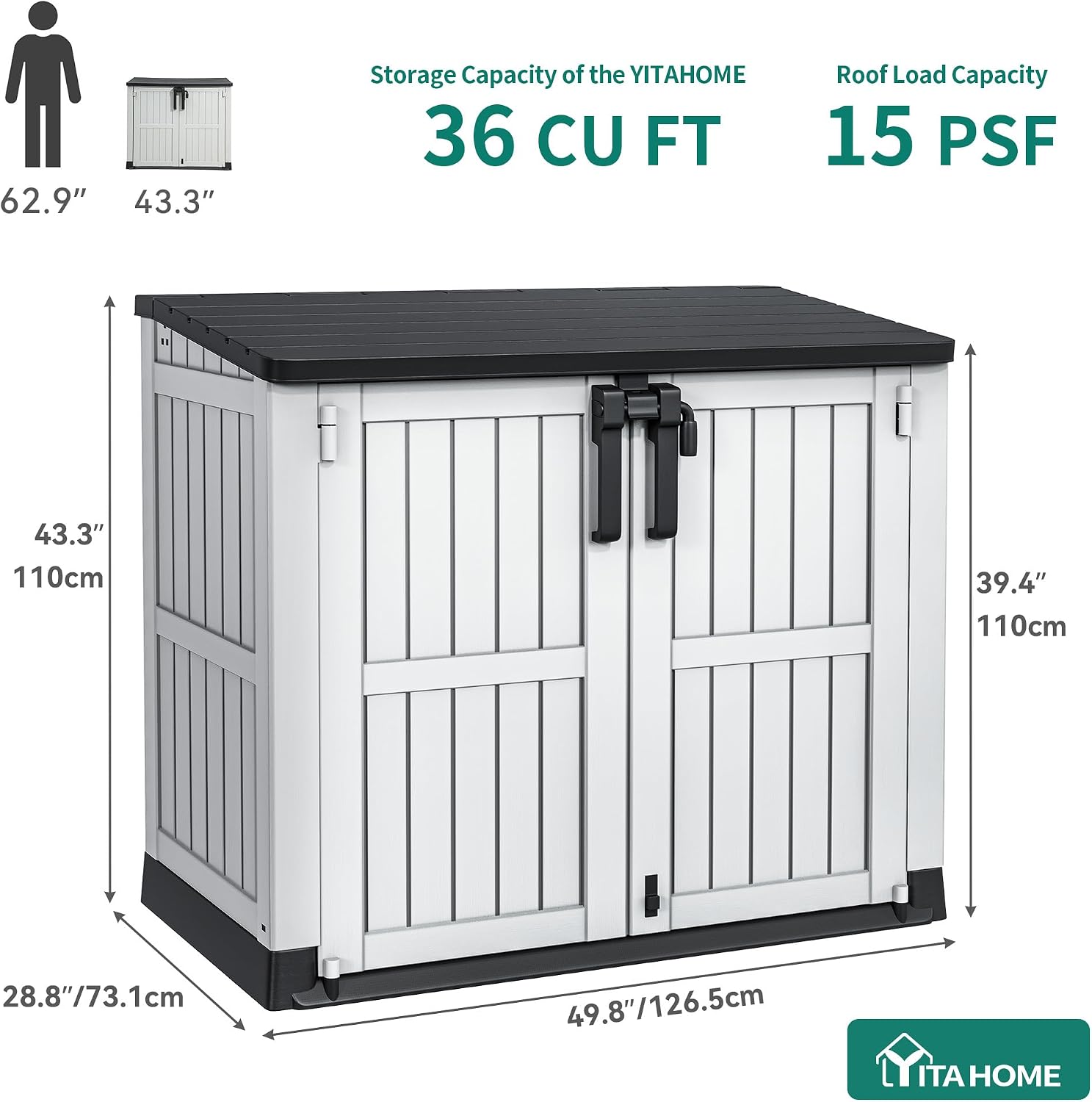 YITAHOME 36 cu ft Resin Outdoor Storage Shed, Weather-Resistant Horizontal Tool Shed, Waterproof Outdoor Storage with Lockable Doors & Air Vent for Trash Cans, Garden Tools (Light Gray)