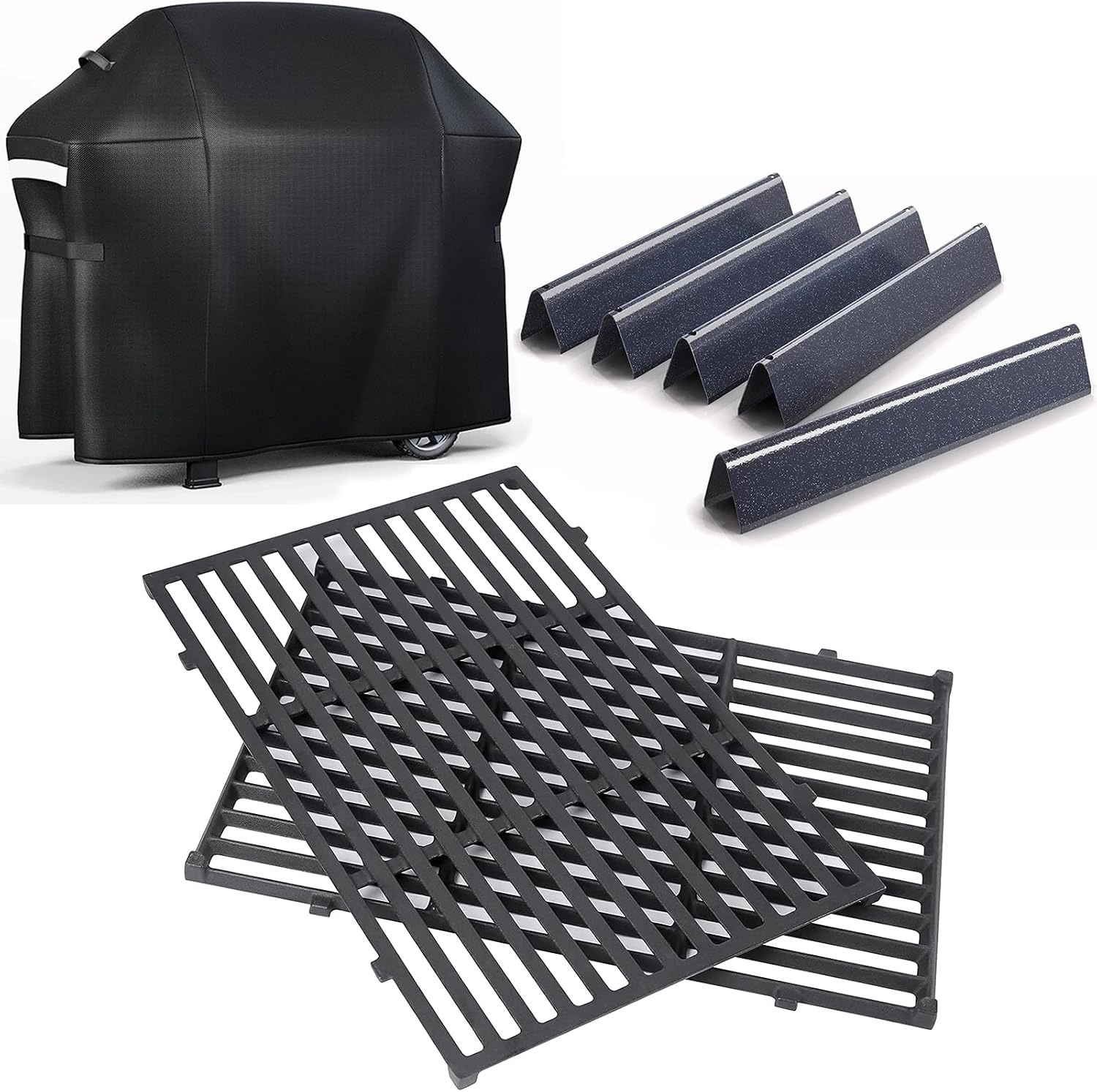 QuliMetal 7638 Cooking Grates, 7636 15.3' Flavorizer Bars and 7139 Grill Covers for Weber Spirit I and II 300 Series Grills with Front Controls