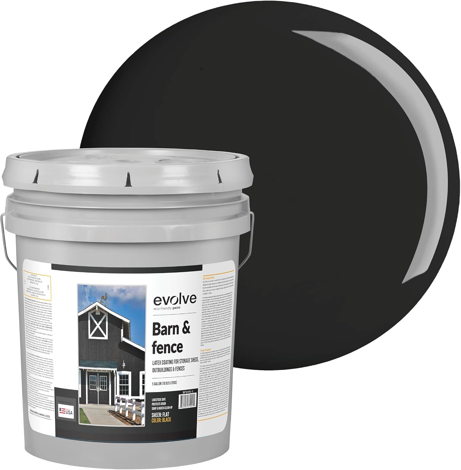 EVOLVE Barn & Fence Paint, Flat (Black), 5 Gallon – Durable Scratch-Resistant Wood Coating for Outbuildings & Fences, Fast-Dry Water-Based Formula