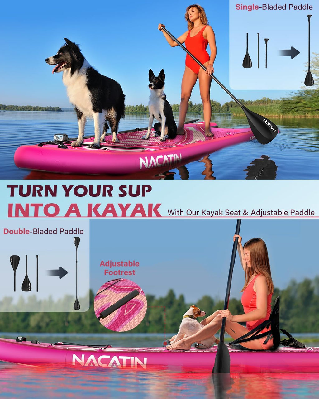 NACATIN Inflatable Stand Up Paddle Board - Premium SUP Board with Dog Ramp Kit, Complete SUP Set Paddle Boards for Adults with Single/Double Paddle, Kayak Seat, Suitable for Paddle Boarding with Dog