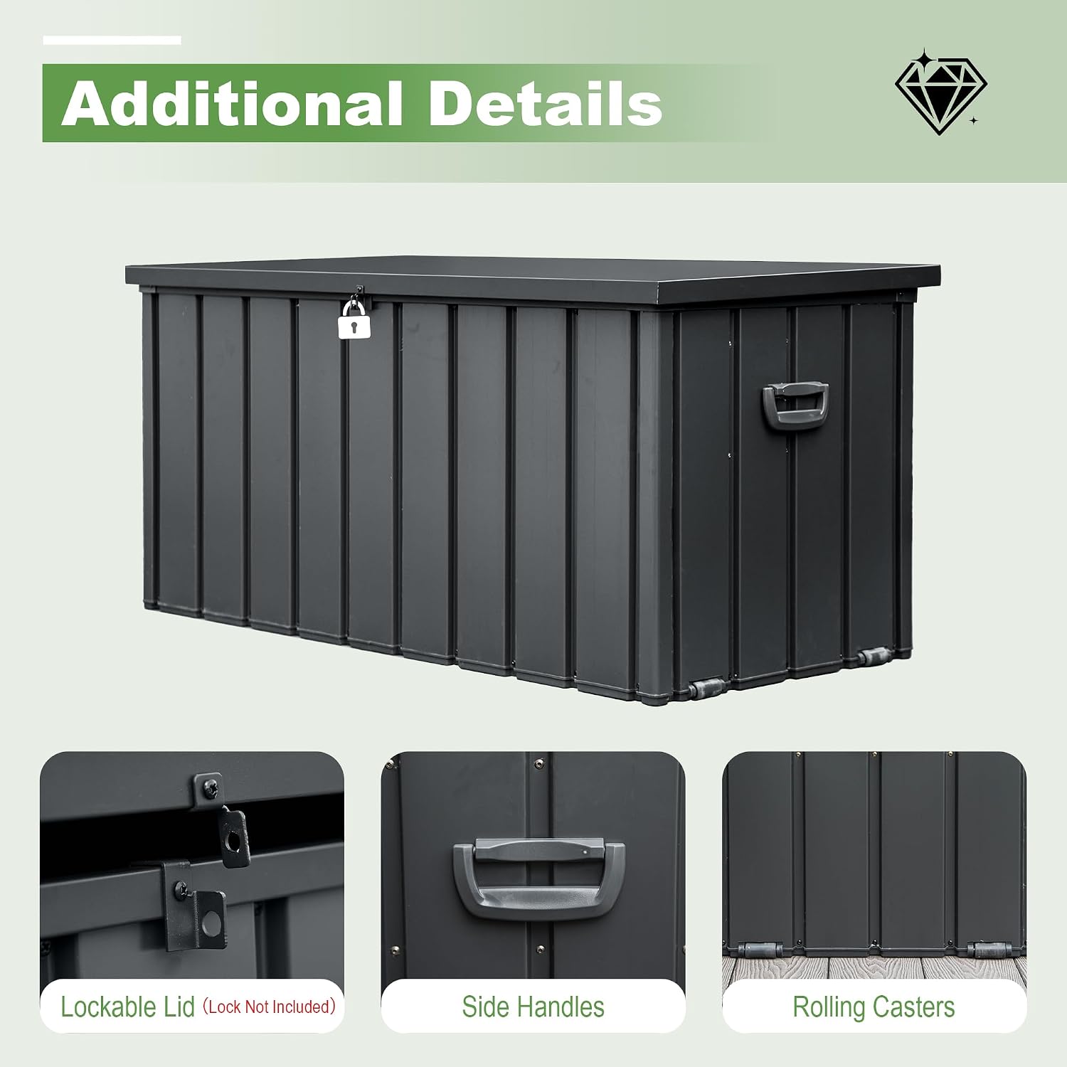 Domi 150 Gallon Deck Box, Outdoor Metal Lockable Storage Cabinet, Waterproof Steel Outdoor Bench with Lockable Lid, Side Handles & Rolling Casters for Outside Cushions, Pillows, Garden Tools, Grey