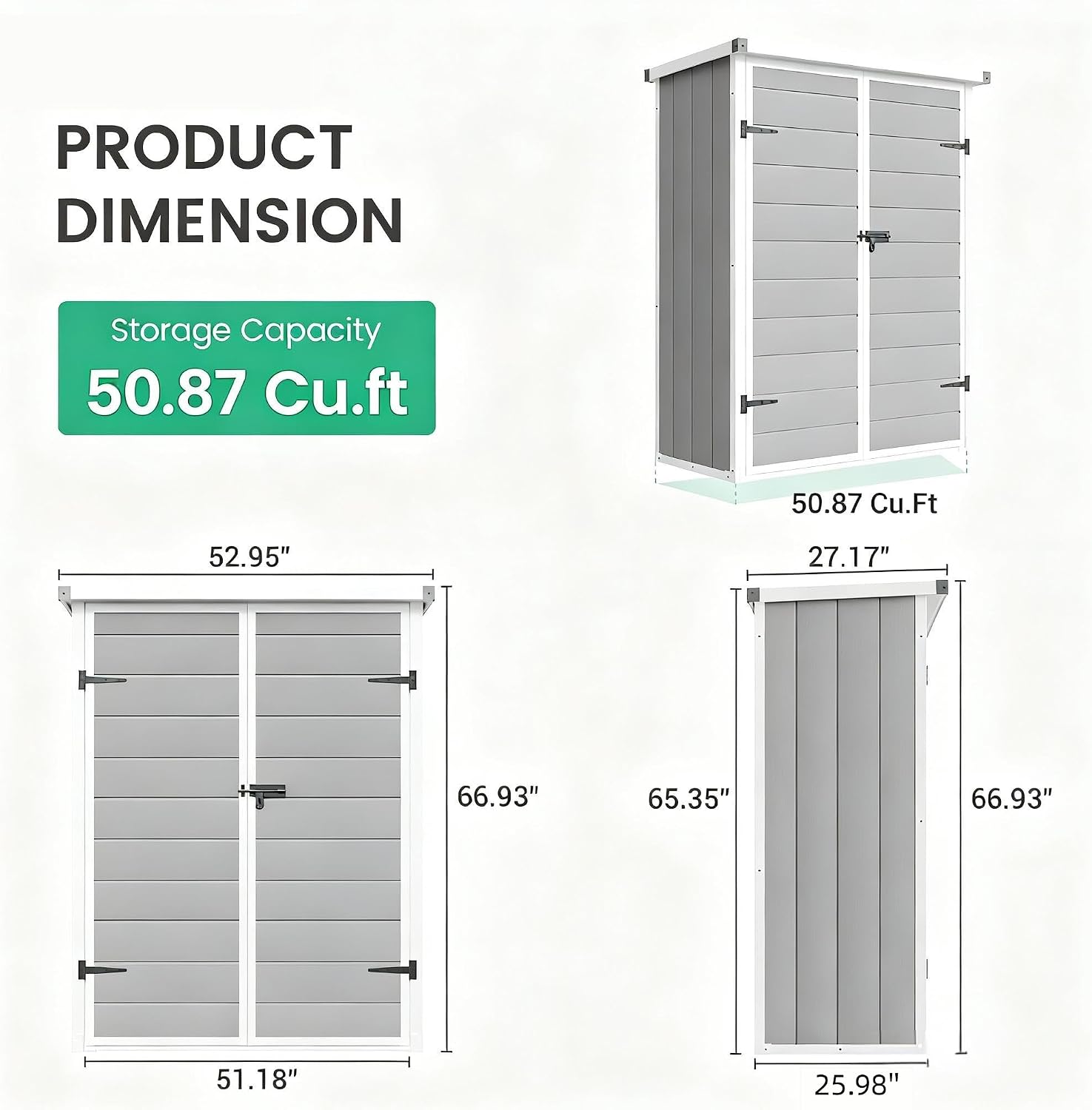 UDPATIO Vertical Storage Shed 51 Cu.ft, 3 ft x 5 ft Resin Outdoor Sheds Waterproof Plastic Storage Cabinet for Garden, Backyard, Lawn, Grey