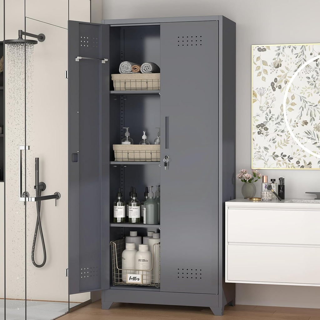 IRONFFICE Tall Storage Cabinet with Doors,Metal Garage Cabinet and Storage,Lockable Utility Closet Cabinets with Pegboard for Basement,Laundry Room,Grey