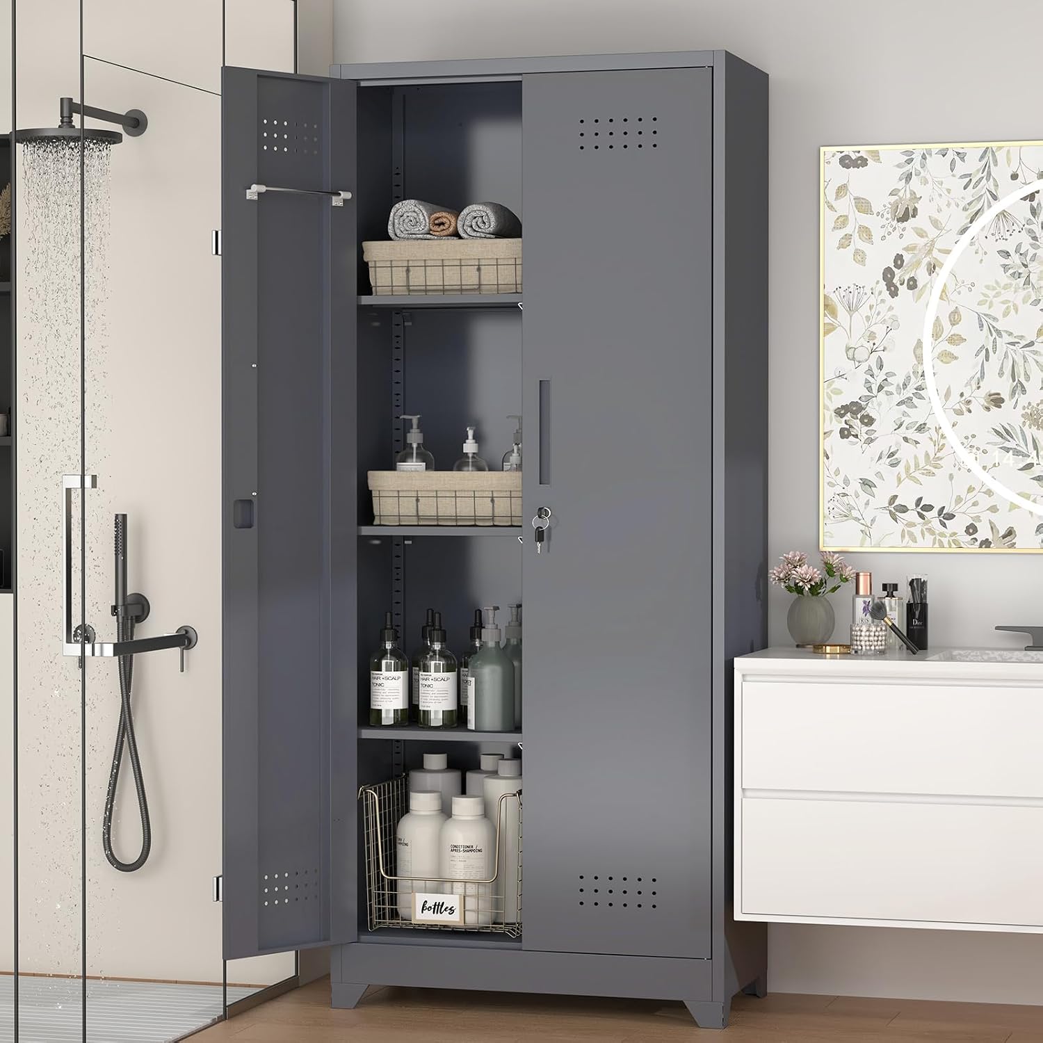 IRONFFICE Tall Storage Cabinet with Doors,Metal Garage Cabinet and Storage,Lockable Utility Closet Cabinets with Pegboard for Basement,Laundry Room,Grey