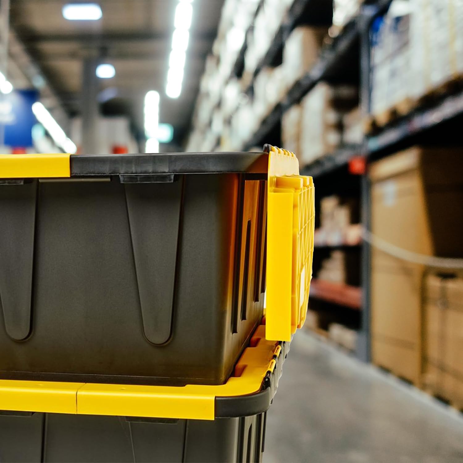 HOMZ 6-Pack Durabilt Tote, Heavy Duty Plastic Storage Bins with Lids, 15 Gallon, Black/Yellow - Stackable Organizing Containers for Home, Garage, and Office