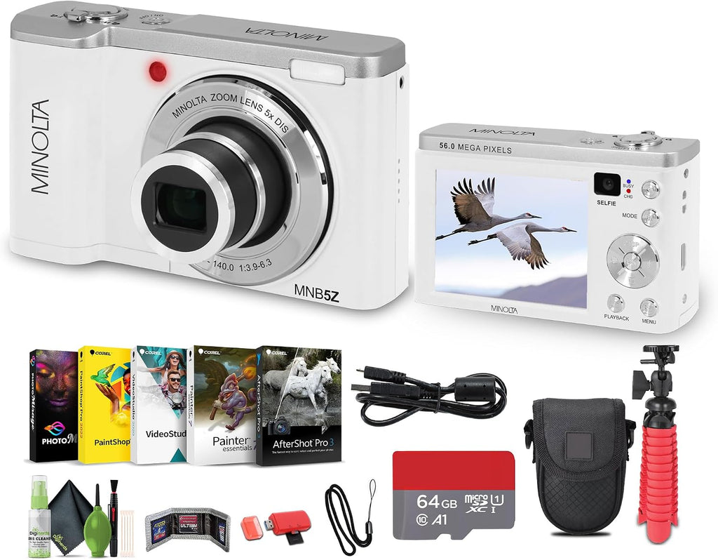 Minolta MNB5Z 56MP Dual Lens Point & Shoot Digital Camera with 5X Optical Zoom & 5K Ultra HD Video Bundle with 64GB Memory Card + Vlogger Tripod + Bag + Cleaning Kit + More Accessories (White)