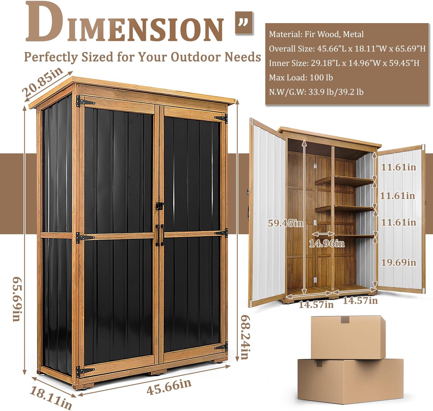 46' L Outdoor Storage Cabinet with Shelves, Wood & Metal Storage Shed with Waterproof Roof, Outside Storage Cabinet Weather-Resistant for Garage Patio Backyard Garden