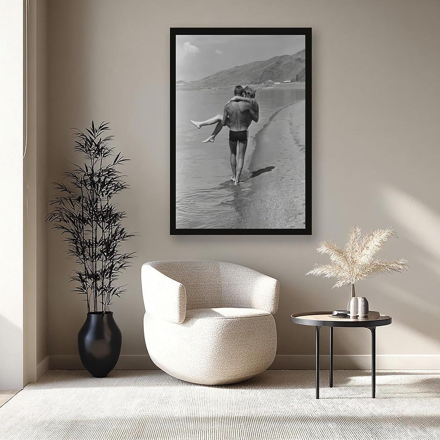 UXCBIA Young Couple Walking by The Lake, 1960s Black And White Retro Poster Canvas Poster Wall Art Decor Print Picture Paintings for Living Room Bedroom Decoration Black Frame 24x36in(60x90cm)