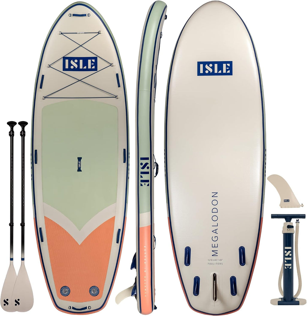 ISLE Megalodon Inflatable Stand Up Paddle Board & iSUP Bundle Accessory Pack - Up to 1,050 lbs Capacity — Durable, Lightweight, Stable — 12' L x 45' W x 8' OR 15' L x 56' W x 8'