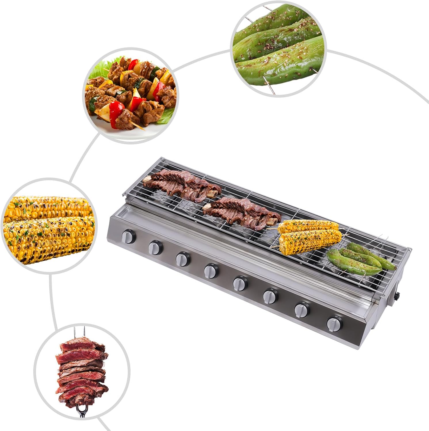 Gas BBQ Grill Stainless Steel Outdoor Camp Picnic Barbecue Shish Kabob 8 Burner Griddle Flat Top Grill Portable Barbecue Grill Countertop Smokeless Grill Non-Stick Cooking Removable Grill Baking