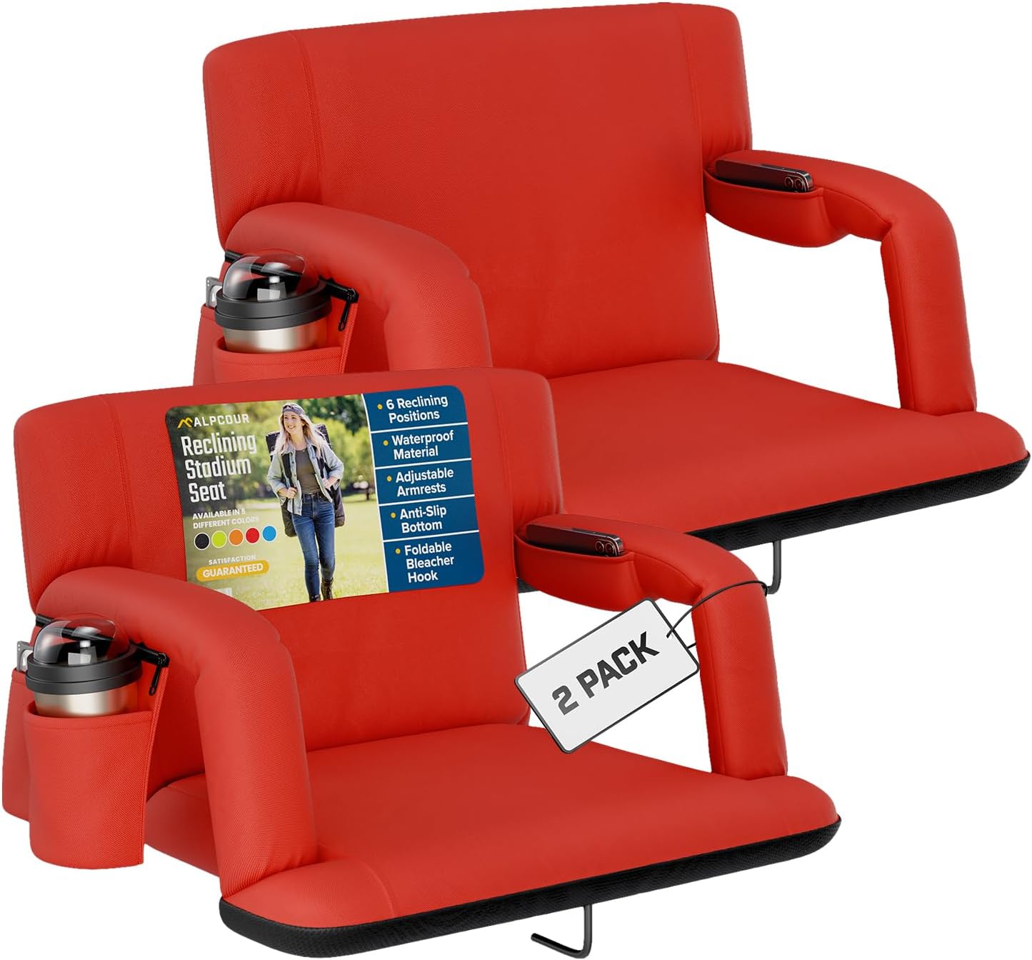 Alpcour Reclining Stadium Seat – Wide Bleacher Chair with Back Support and Cushion, Armrests, Side Pockets, and Bleachers Hook – Best Stadium Seats Chairs for Camping, Kayak, & Paddle Board Backs