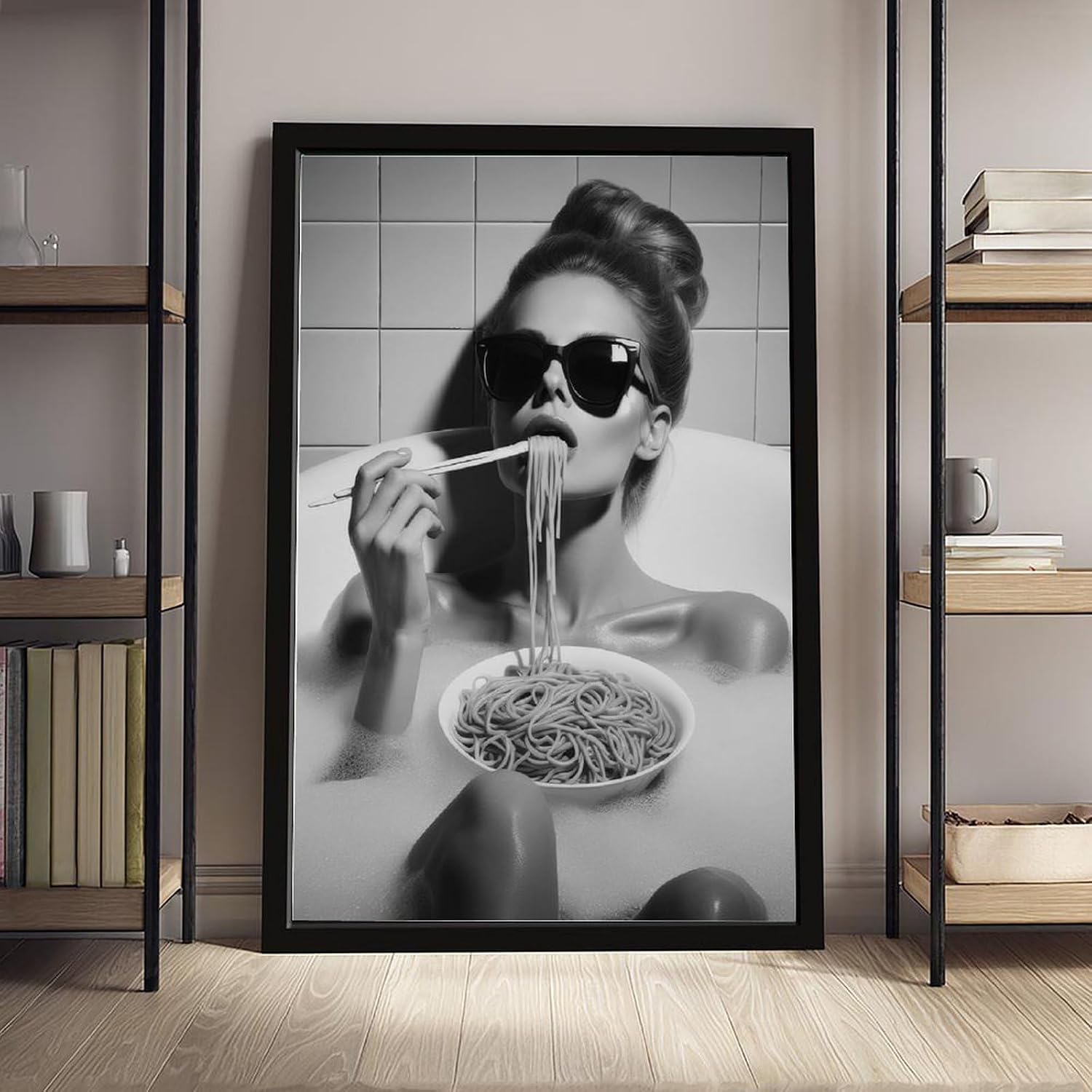 UXCBIA Woman Wearing Sunglasses Eating Spaghetti in Bathtub, Black And White, Funny Bathroom Poster Canvas Poster Bedroom Decor Sports Landscape Office Room Decor Gift Black Frame 24x36in(60x90cm)