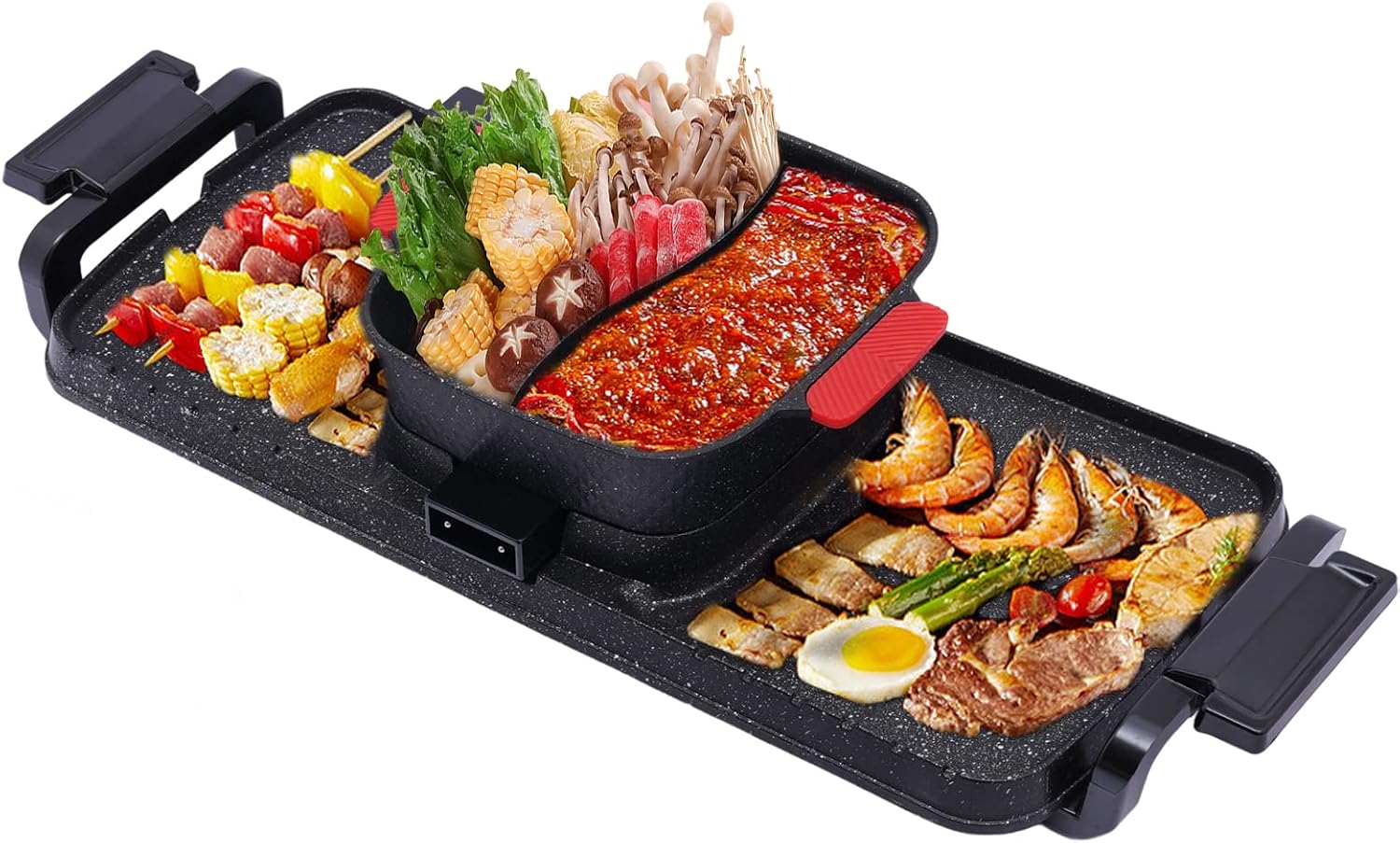 2 In 1 Barbecue Hot Pot, 110V Indoor Korean BBQ Hot Pot with Grill, Non-Stick Dual Temperature Control Shabu Shabu,Electric Shabupot Non Smoke Stove Portable for 2-10 People
