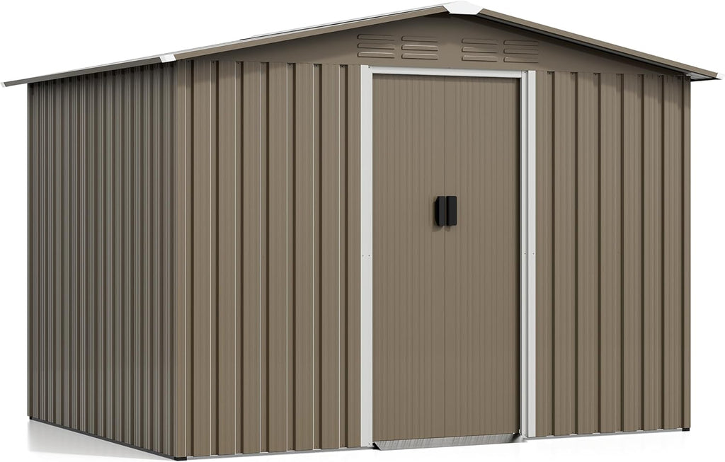 Kurapika 8×6 FT Metal Outdoor Storage Shed Large Tool Shed with Floor, Lockable Door, for Garden, Patio, Backyard, Lawn(Brown)
