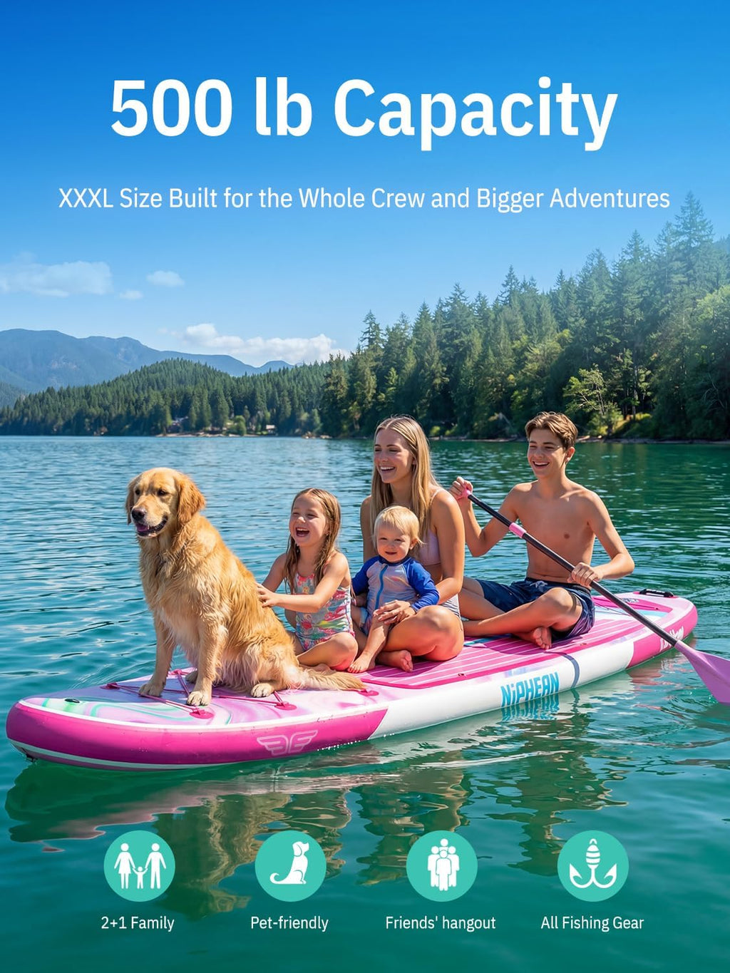 Niphean (Extra Large) Inflatable Paddle Board, SUP for 2+1 People/Family 500lbs Capacity Stand Up Paddle Board with SUP Accessories, StabilTrac Fin Non-Slip Paddleboard for Adults
