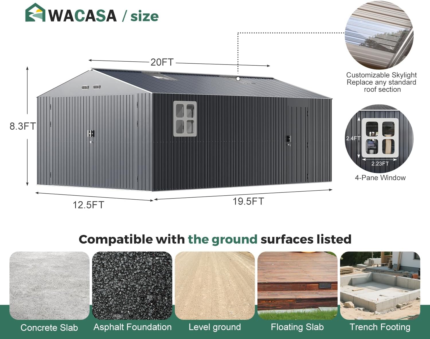 WACASA 13x20x8.3 FT Large Metal Garage Shed with Base Floor Kit, Ultra-Reinforced 18-Gauge Powder-Coated Steel Frame, 100 PSF Snow & 150 MPH Wind Rated, Skylight Dual-Entry Carport & Workshop