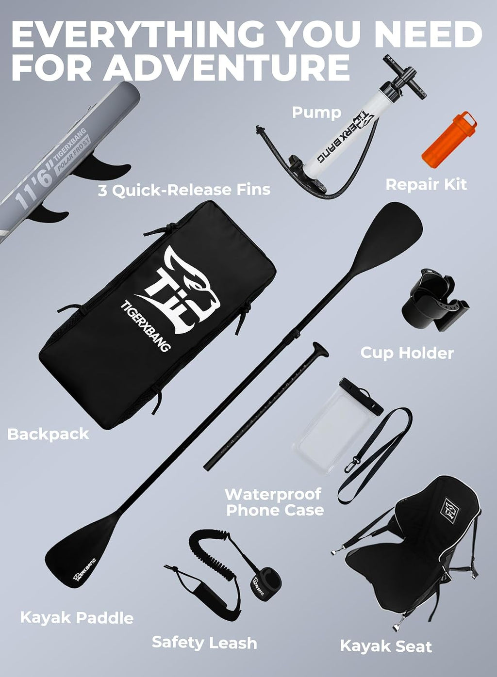 TIGERXBANG 11'6'/11'/10' Inflatable Paddle Board with Complete Accessories, Versatile Premium Paddle Boards for Adults/Youth, Stand Up Paddle Board Polar/Wave/Sunny Wave Collection