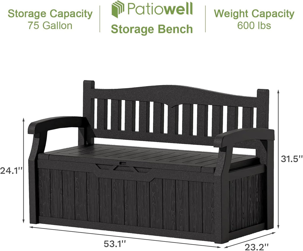 Patiowell 75 Gallon Plastic Storage Bench, Water-Resistant Deck Box for Patio Furniture, Garden Tools, Pool Storage and Outdoor Cushions, Black