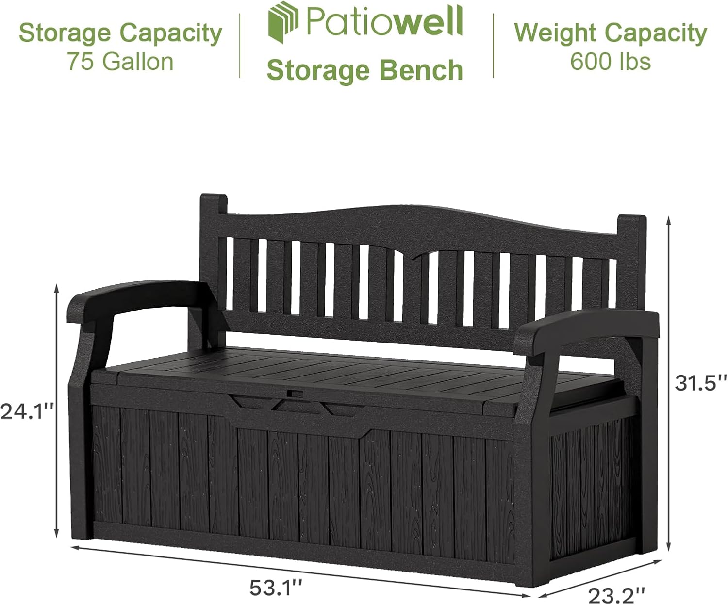 Patiowell 75 Gallon Plastic Storage Bench, Water-Resistant Deck Box for Patio Furniture, Garden Tools, Pool Storage and Outdoor Cushions, Black