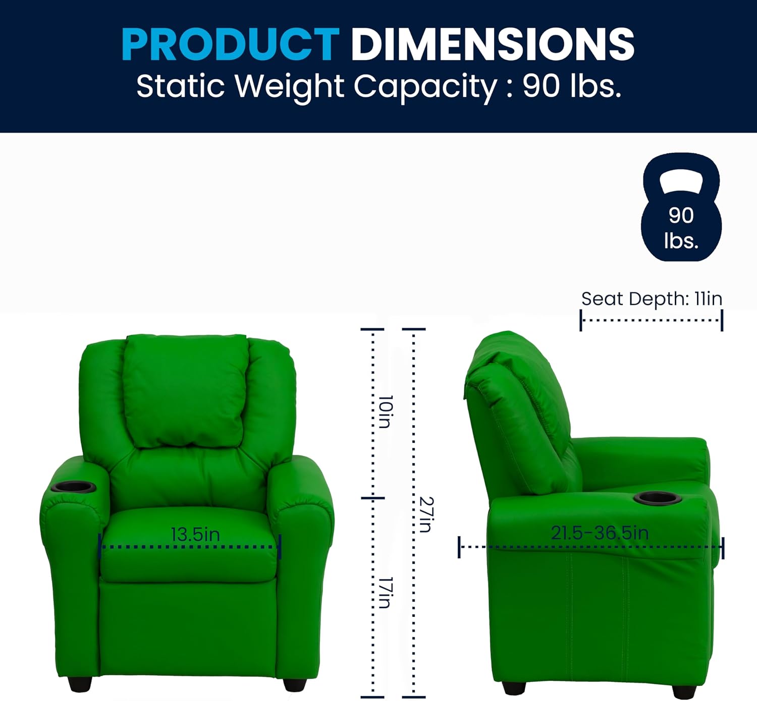 Flash Furniture Vana Vinyl Kids Recliner with Cup Holder, Headrest, and Safety Recline, Contemporary Reclining Chair for Kids, Supports up to 90 lbs., Green