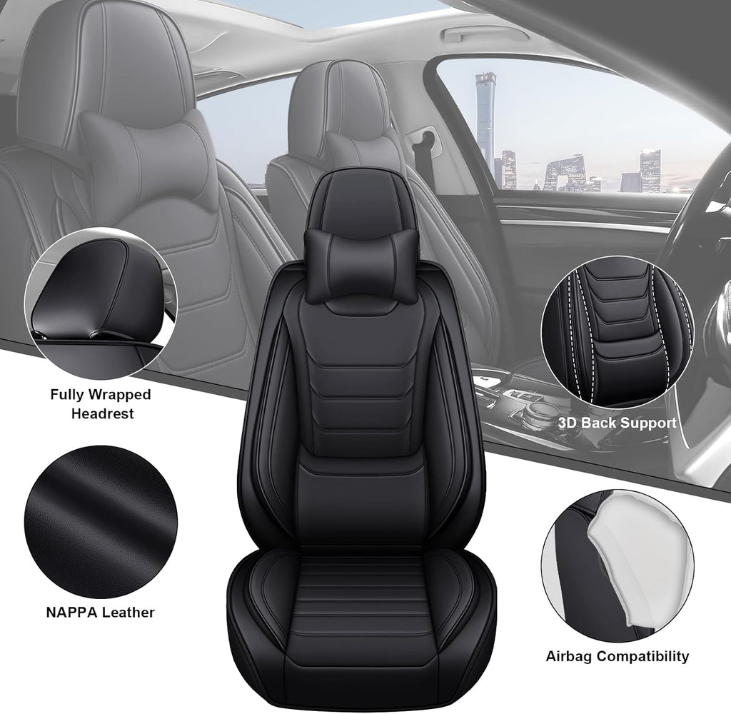DHAEY Car Seat Covers for Volkswagen Atlas 2018-2025, Family Seat Covers, Nappa Leather, Wear-Resistant, Anti-Slip, Waterproof, 2PCS Front with Pillows, Black