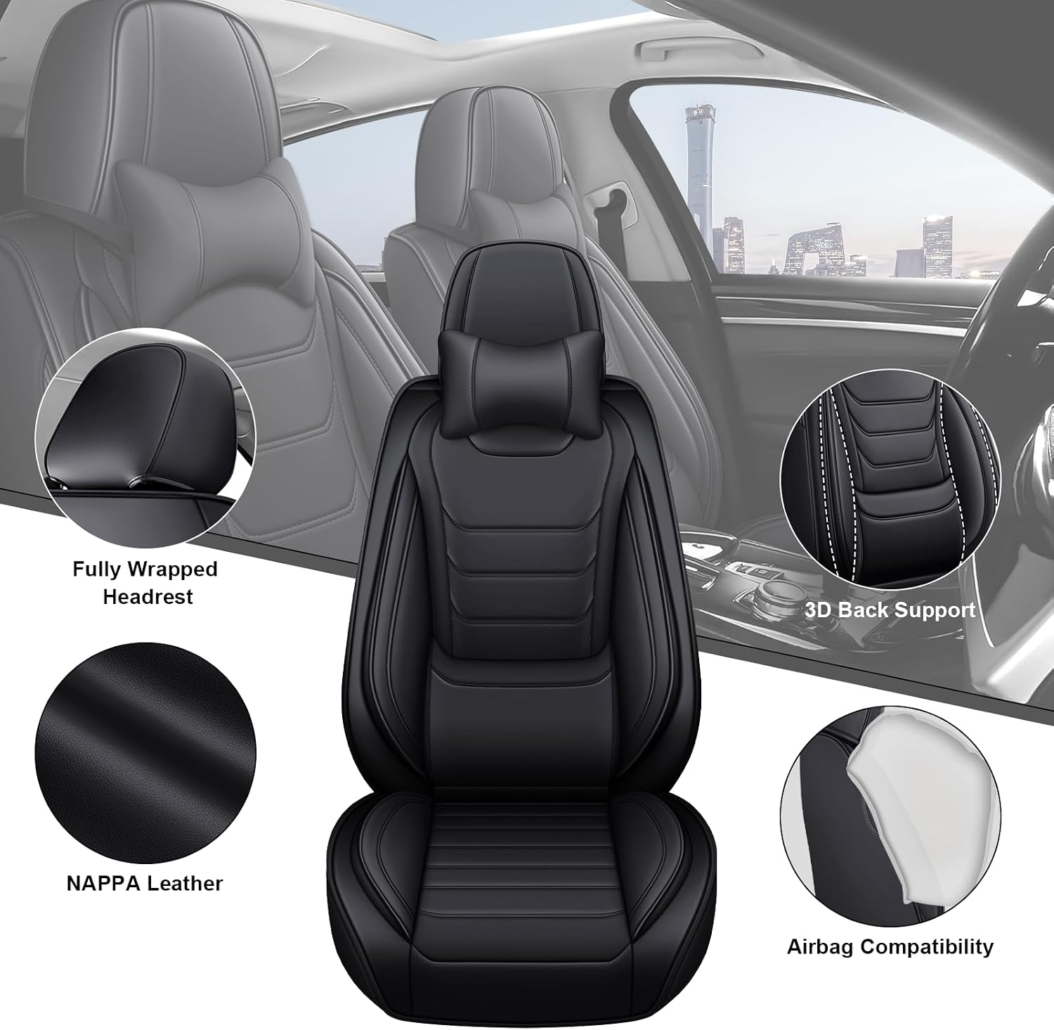 DHAEY Car Seat Covers for Volkswagen Atlas 2018-2025, Family Seat Covers, Nappa Leather, Wear-Resistant, Anti-Slip, Waterproof, 2PCS Front with Pillows, Black