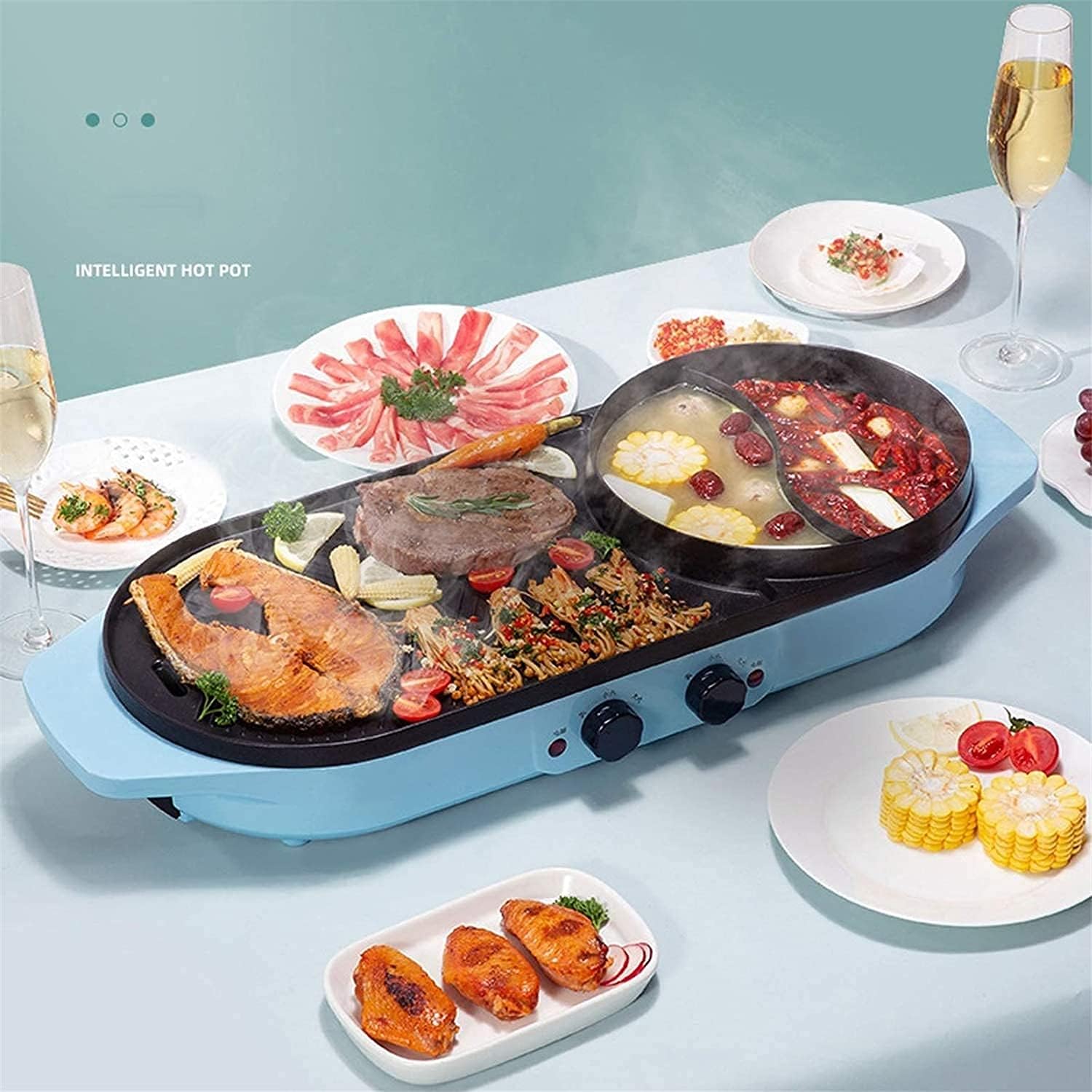 Indoor Korean Barbecue Grill Indoor Korean Bbq Grill, Portable Electric Grill, Electric Barbecue Pot, Teppanyaki Grills, for Household Dinner And Entertainment Party,Portable Nonstick Griddle