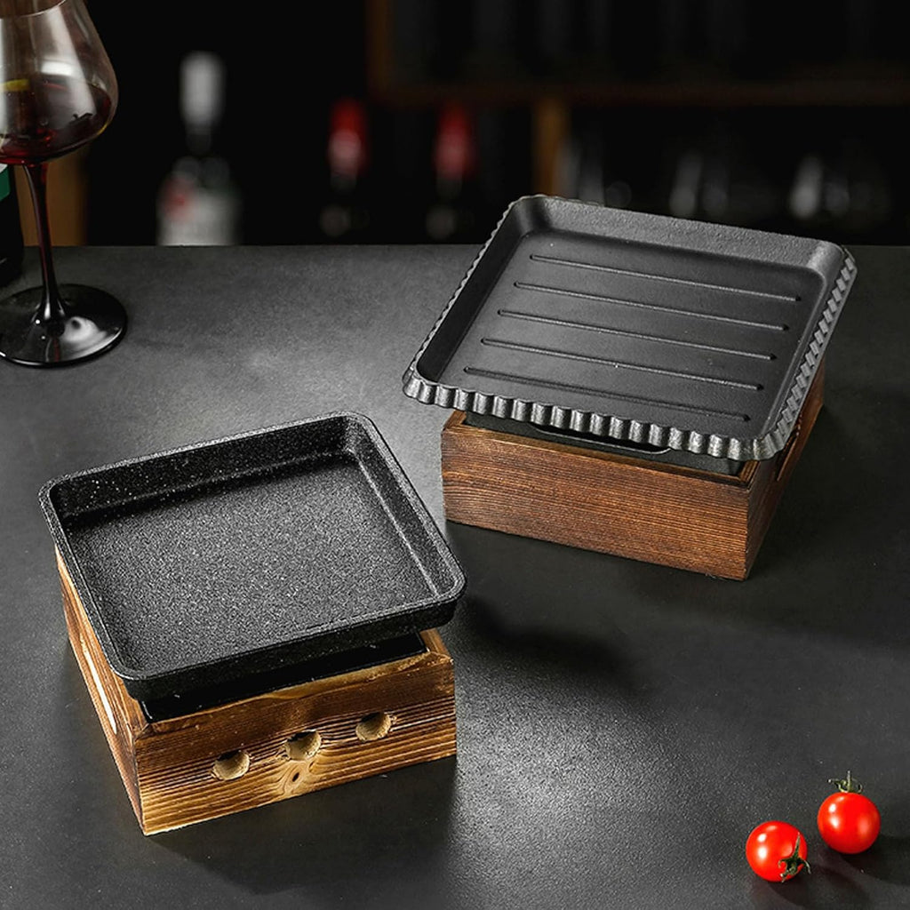 Japanese BBQ Grill Set, Portable Alcohol Barbecue Stove with Non-Stick Baking Pan, Dinner Plate, Seasoning Cups, and Wooden Base for Yakiniku, Yakitori,A