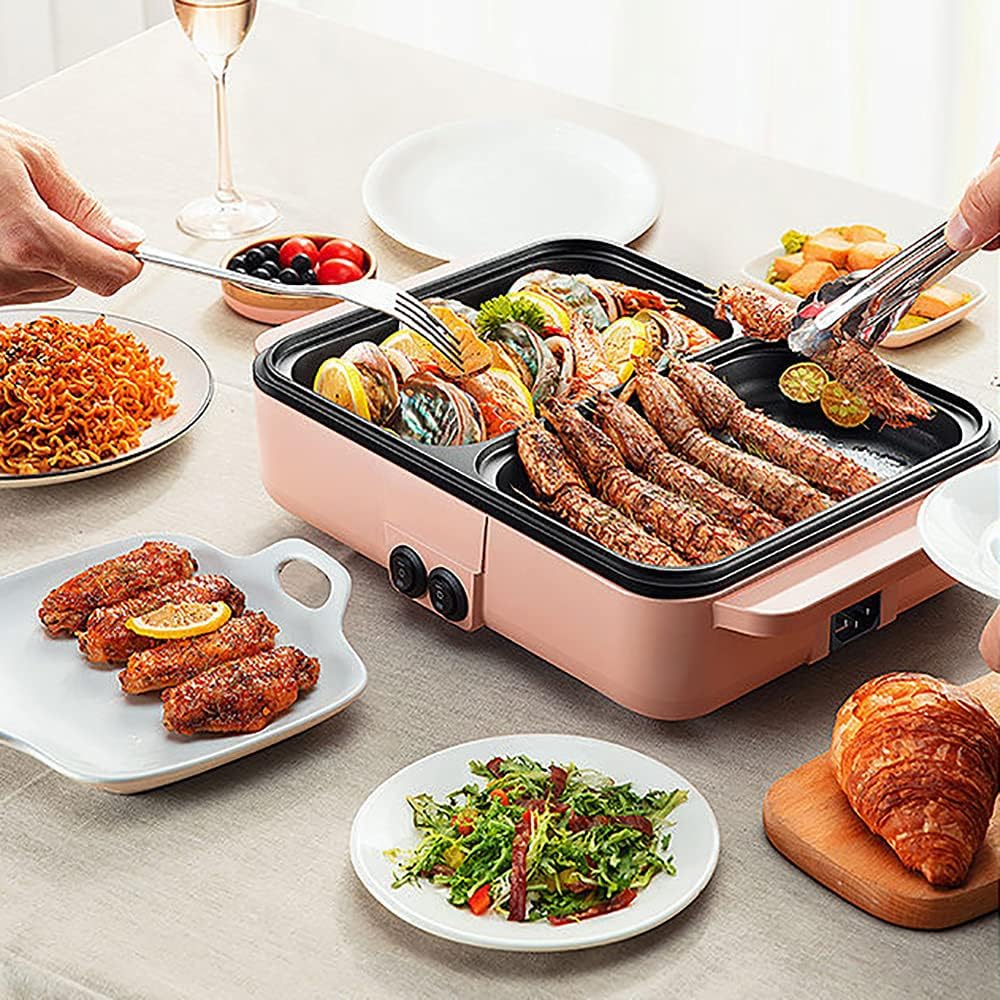 Hot Pot Electric with Grill, 2 in1 Indoor Non-Stick Shabu Shabu Pot & Frying Pan, Portable Mini Hot Pot Korean BBQ w/Individual Dual Temperature Control, 1-3 People
