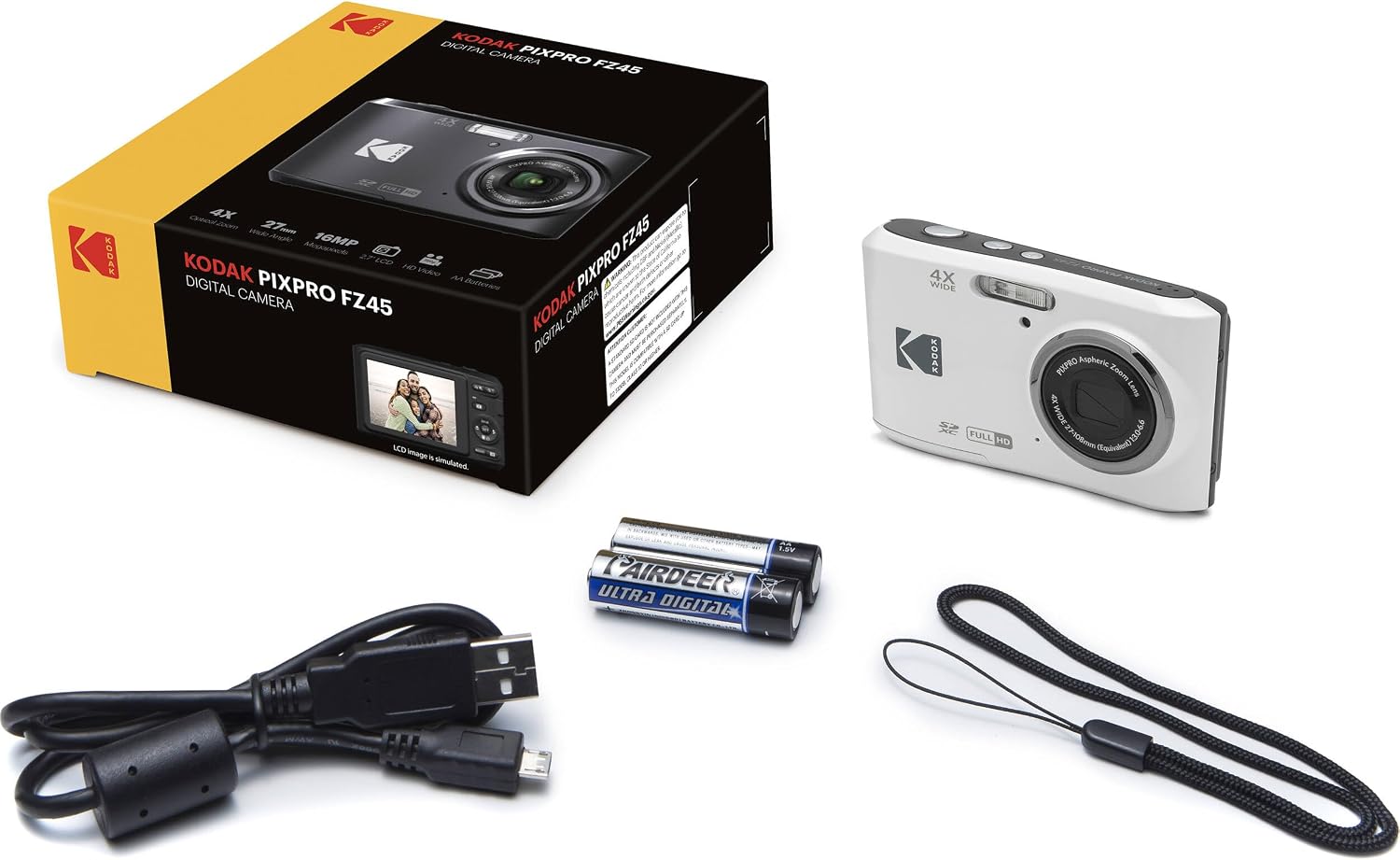 Kodak PIXPRO FZ45 16MP Digital Camera 4X Optical Zoom 27mm Wide Angle 1080P Full HD Video 2.7' LCD Camera (White) + 64GB Card and Reader + Memory Wallet Bundle