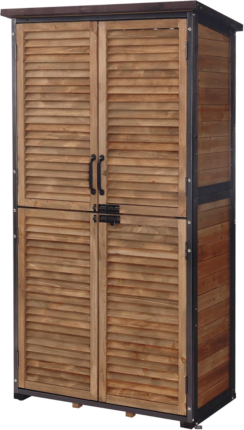 Aivituvin Outdoor Storage Shed with Adjustable Shelves and Floor, Garden Sheds with Iron Frame and Wooden Frame, Outdoor Tool Cabinets with Inclined Weatherproof Roof