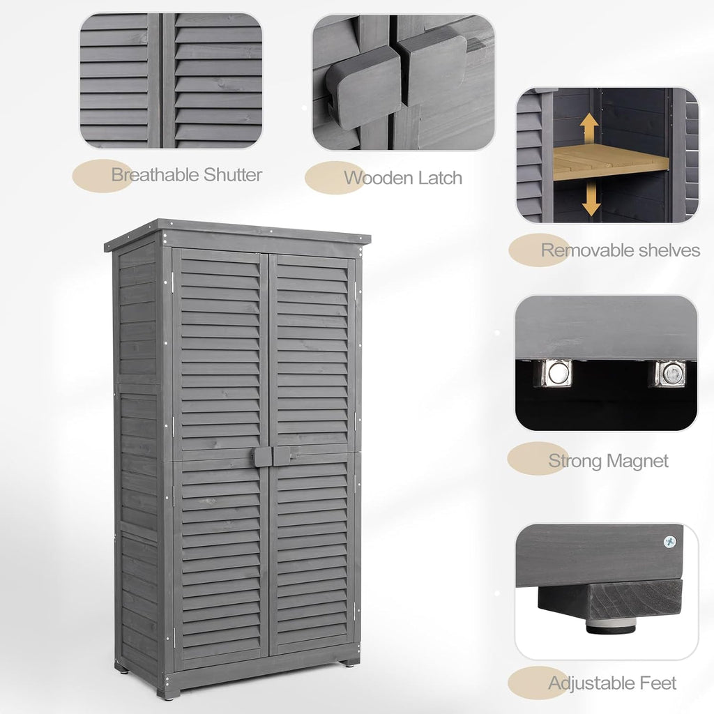 Outvita Outdoor Storage Cabinet, 63in Wooden Garden Tools Shed with 2 Lockable Doors, 3 Adjustable Shelves, Waterproof Roof for Yard Garge Patio Deck Porch（Grey）