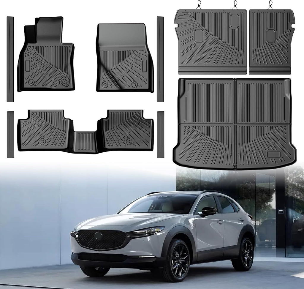 Mixsuper Floor Mat & Cargo Liner for Mazda CX30/CX-30 2020-2026,All Weather TPE Floor mat with Backrest and Door Sill Guards CX30 Accessories,Anti-Slip Floor Liners Set, Black