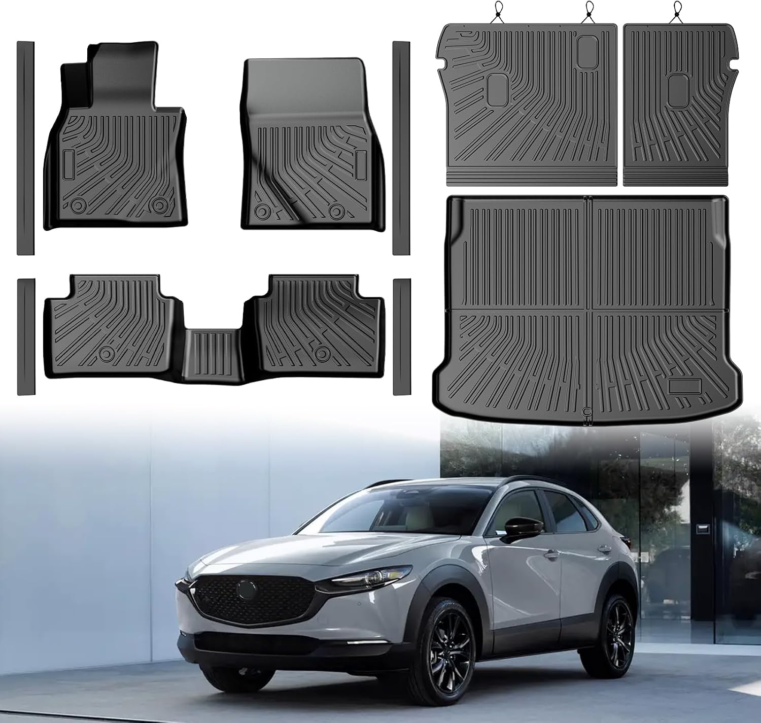 Mixsuper Floor Mat & Cargo Liner for Mazda CX30/CX-30 2020-2026,All Weather TPE Floor mat with Backrest and Door Sill Guards CX30 Accessories,Anti-Slip Floor Liners Set, Black