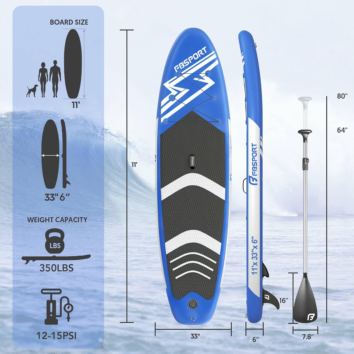 FBSPORT 11' Premium Stand Up Paddle Board, Yoga Board with SUP Accessories & Carry Bag | Wide Stance, Surf Control, Non-Slip Deck, Leash, Paddle and Pump for Youth & Adult