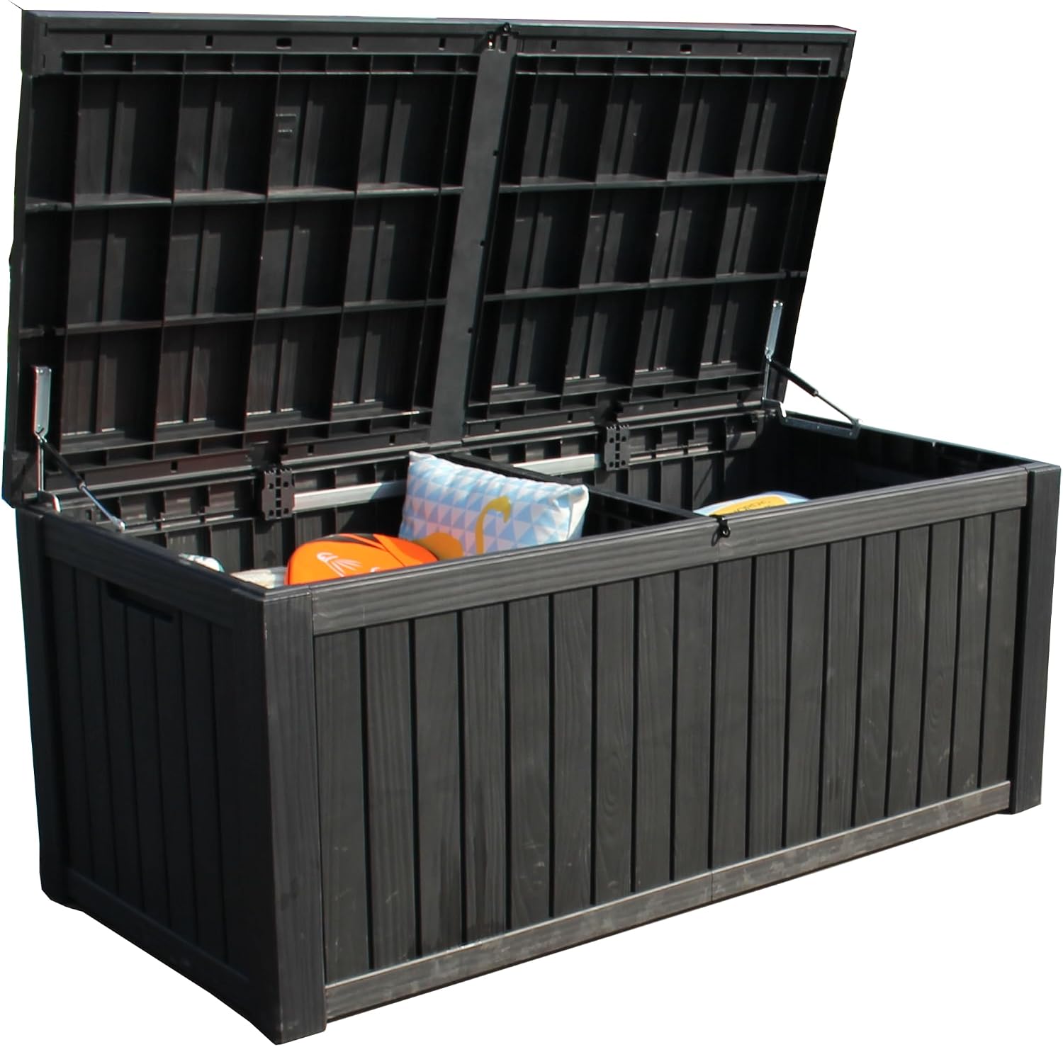 BTEXPERT 150 Gallon Outdoor Storage Container Deck Box with Metal Support Rods for Patio Furniture Garden Tools Cushions Waterproof Lockable UV Resistant Resin