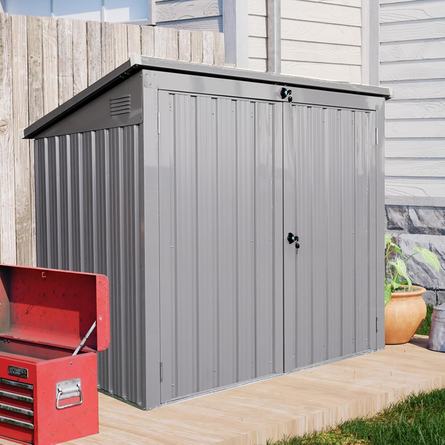 JT Double Garbage Bin Shed, 62' x 40' x 53' Outdoor Storage Shed with Lockable Door, Waterproof Galvanized Garbage, Metal Trash Can Storage for Garden Patio, Backyard, Lawn, Grey