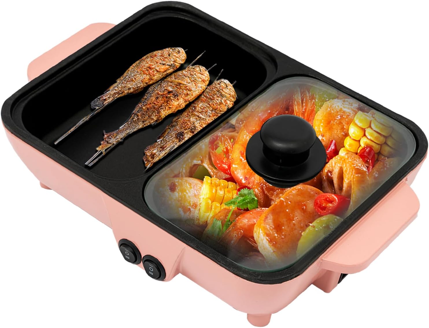 Hot Pot Electric Grill 2 in 1 Indoor Non-Stick Smokeless Grill with Dual Temperature Control, Portable Multifunctional for Korean BBQ, Serves 1-4 People