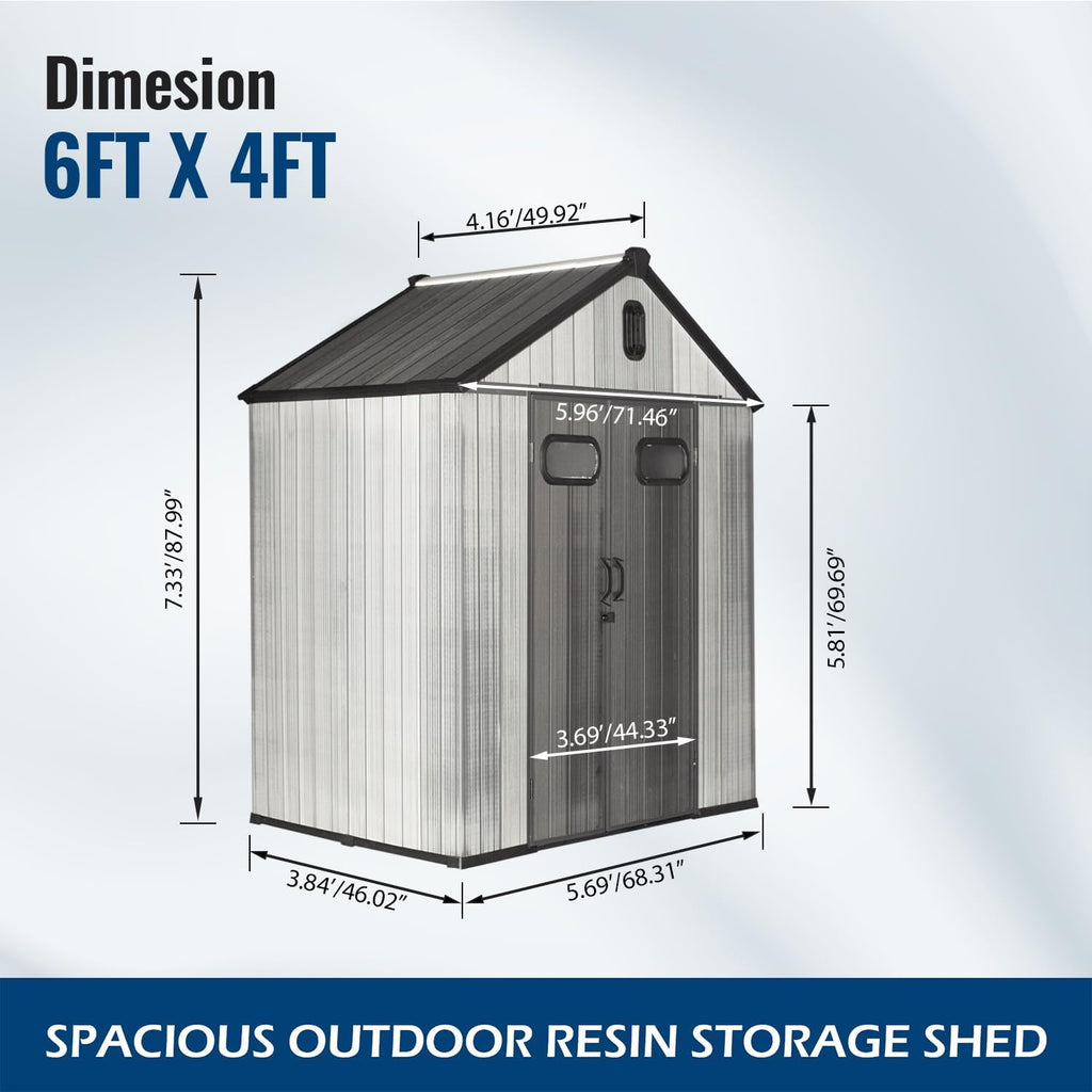 Domi 6x4Ft Resin Outdoor Storage Shed, Small Plastic Garden Shed with Carpet, Outside Weatherproof Storage Building for Tools, Bike, Lawn Mower, Patio, Backyard