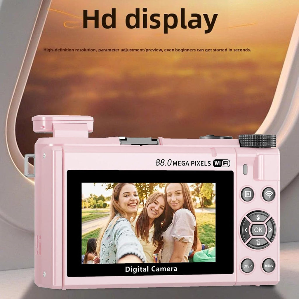 PUSOKEI 8K Digital Camera for Photography, 88MP Vlogging Camera with 3' 180 Flip Screen, 18X Zoom, Autofocus, Wide Angle Lens, WiFi Mirrorless Cameras with 32GB Card, 2 Batteries (Pink)