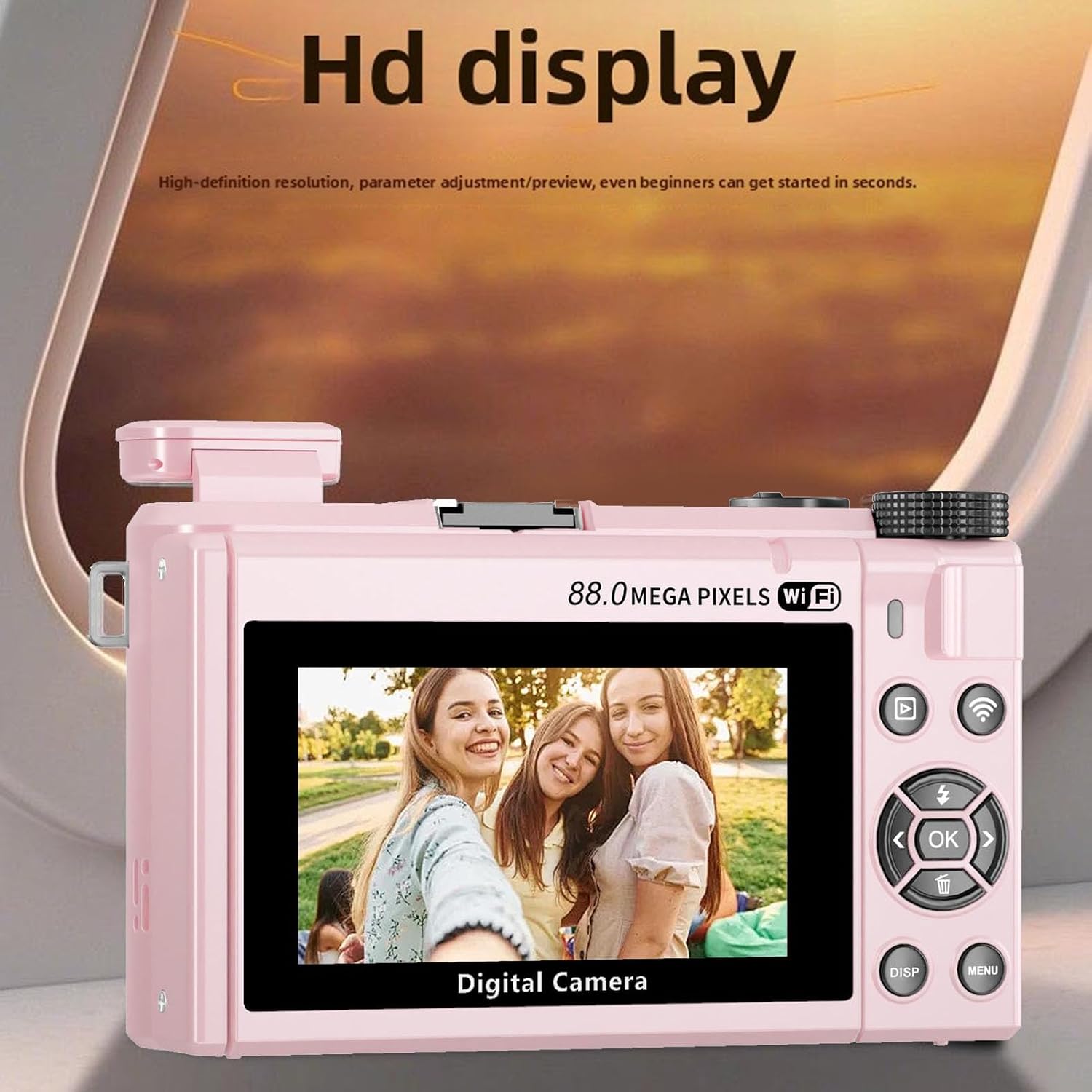 PUSOKEI 8K Digital Camera for Photography, 88MP Vlogging Camera with 3' 180 Flip Screen, 18X Zoom, Autofocus, Wide Angle Lens, WiFi Mirrorless Cameras with 32GB Card, 2 Batteries (Pink)