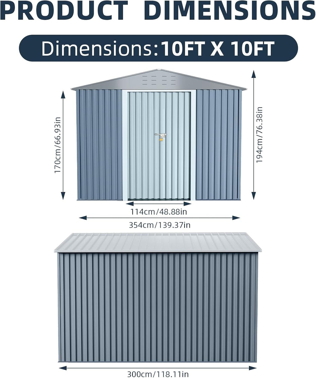 10x10FT Outdoor Metal Storage Shed, Lockable Weatherproof Garden Shed for Tools & Equipment, Durable Galvanized Steel with Sloping Roof & Ventilation, Ideal for Backyard, Patio & Garage Storage, Grey