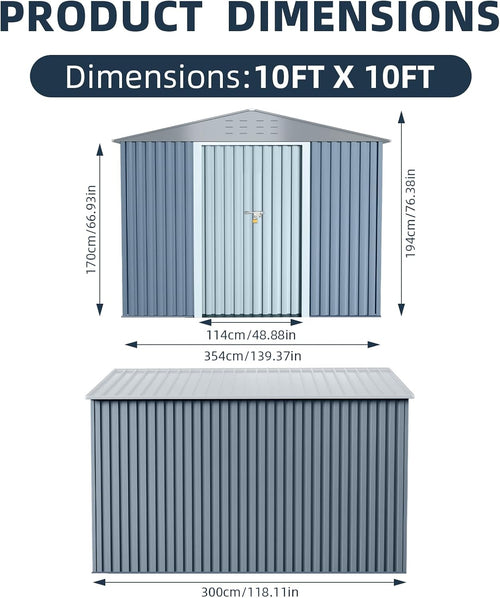 10x10FT Outdoor Metal Storage Shed, Lockable Weatherproof Garden Shed for Tools & Equipment, Durable Galvanized Steel with Sloping Roof & Ventilation, Ideal for Backyard, Patio & Garage Storage, Grey
