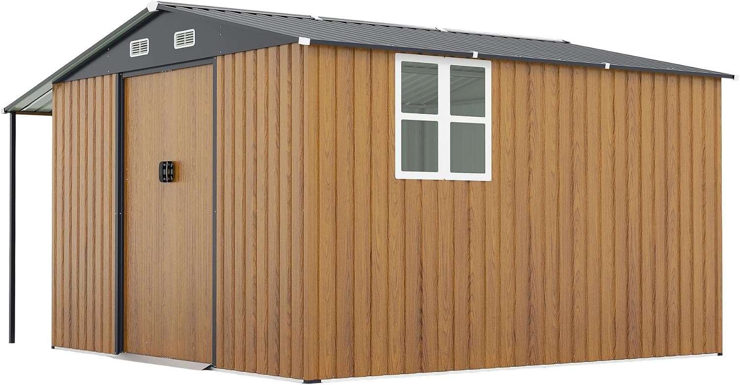 YOPTO 10x12 FT Outdoor Storage Shed,Extra Large Metal Garden Tool Shed with Lockable Doors,Windows & Air Vents,Dual-Zone Design Outside Steel Tiny House for Backyard, Patio Lawn,Yellow