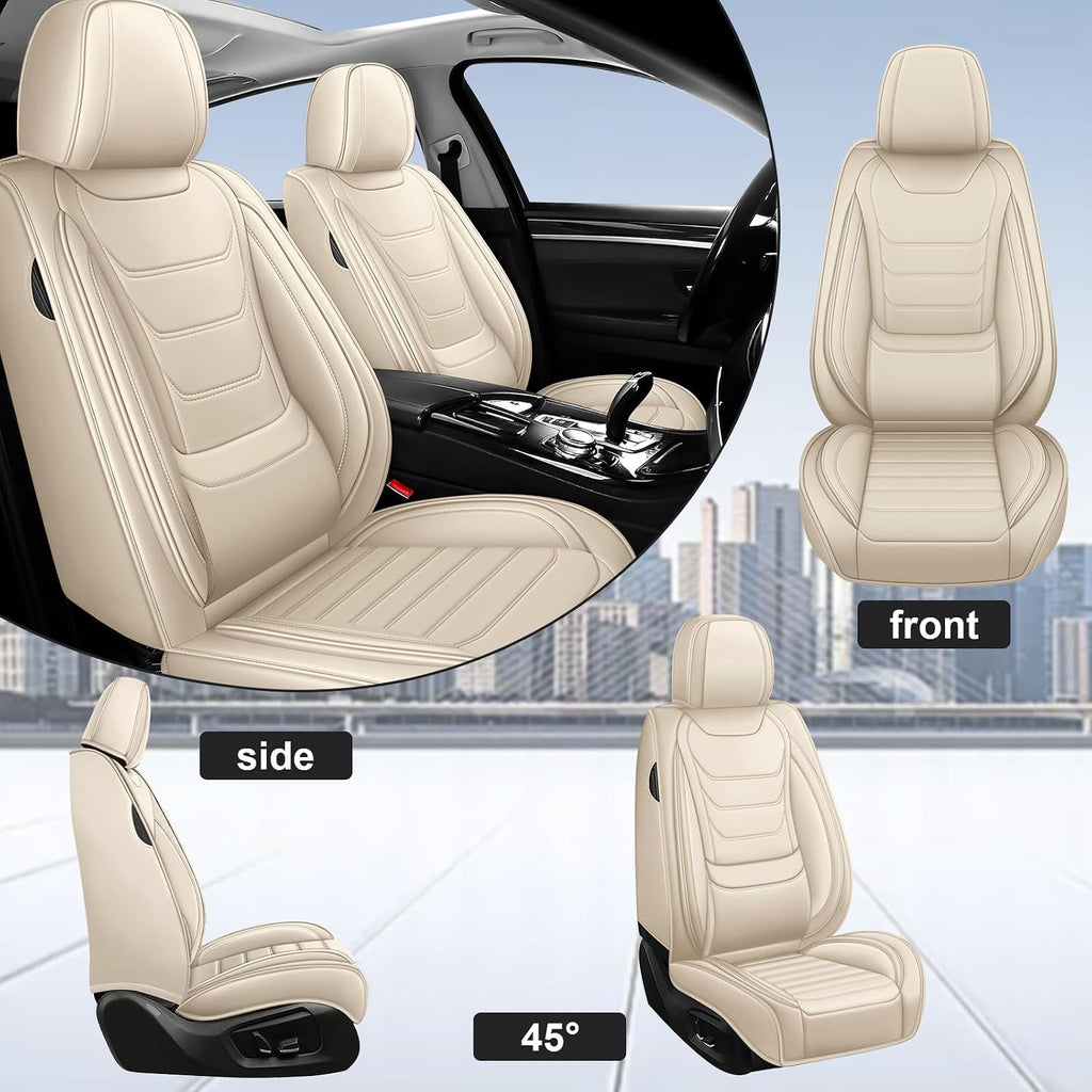 DHAEY Car Seat Covers for Volkswagen Atlas 2018-2025, Family Seat Covers, Nappa Leather, Wear-Resistant, Anti-Slip, Waterproof, 5PCS Full Set, Beige