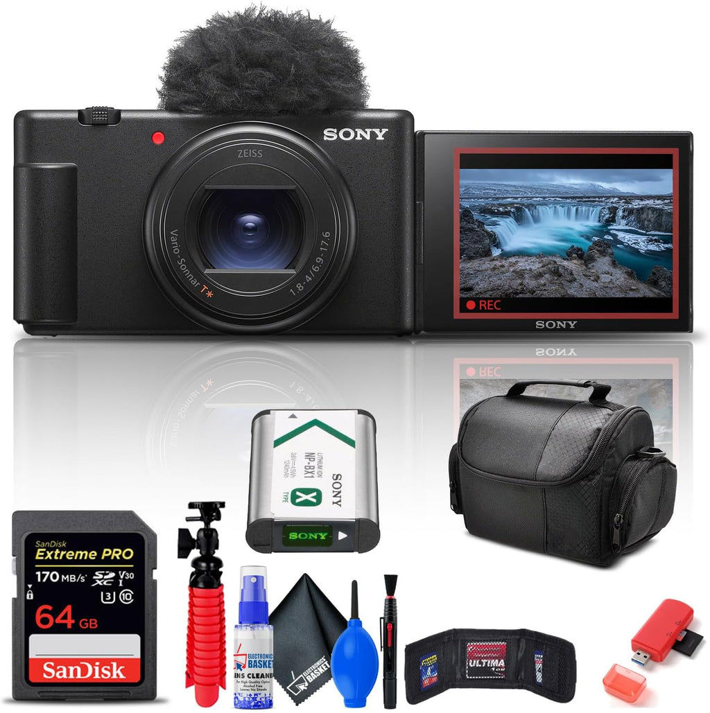 Sony ZV-1 II Vlog Camera for Content Creators and Vloggers (Black) (ZV-1M2/B) + 64GB Memory Card + Card Reader + Deluxe Soft Bag + Flex Tripod + Memory Wallet + Cleaning Kit (Renewed)