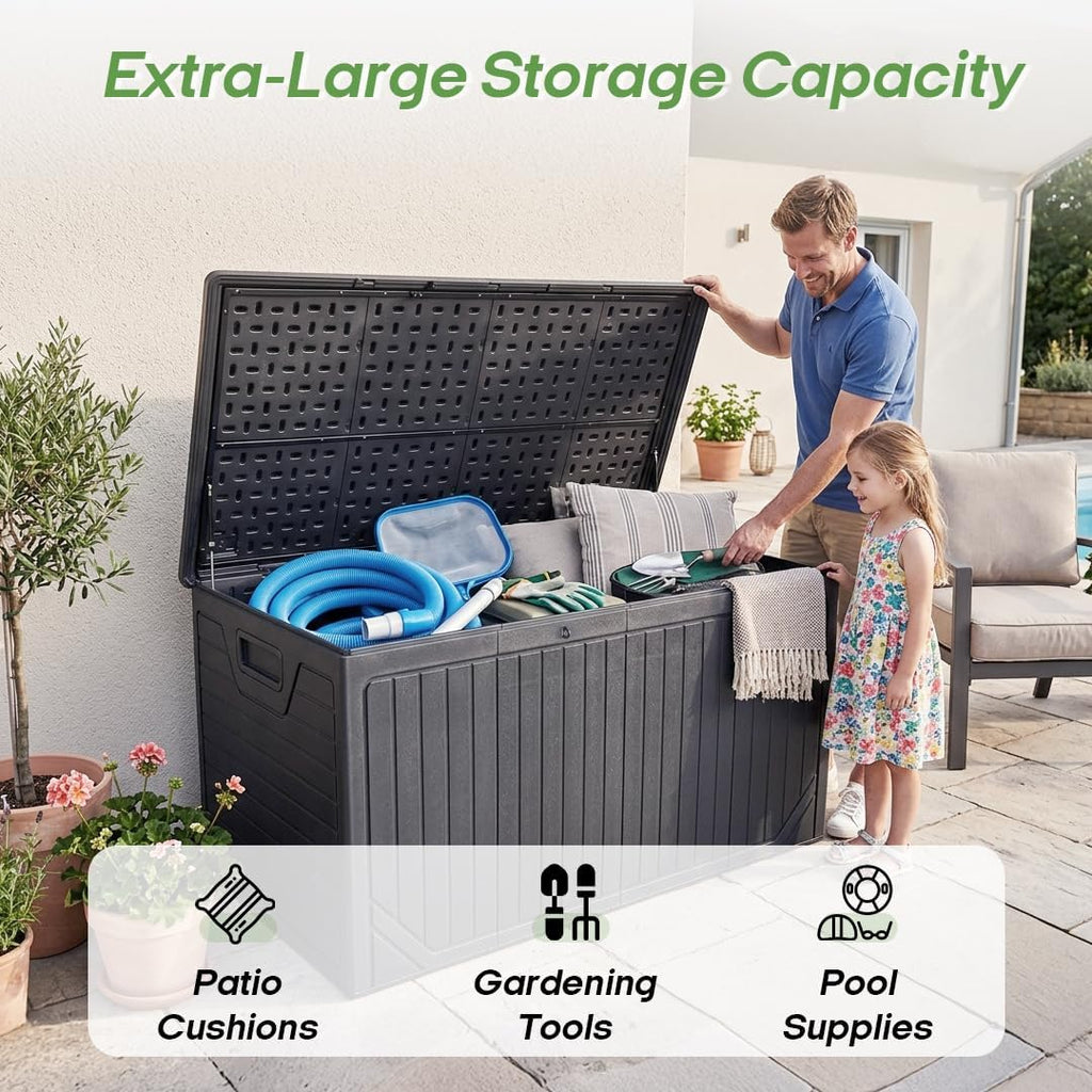 300 Gallon Outdoor Deck Box, Waterproof Outdoor Thick Resin Storage Box for Patio, Garden, Pool Equipment, and Outdoor Cushions (Black)