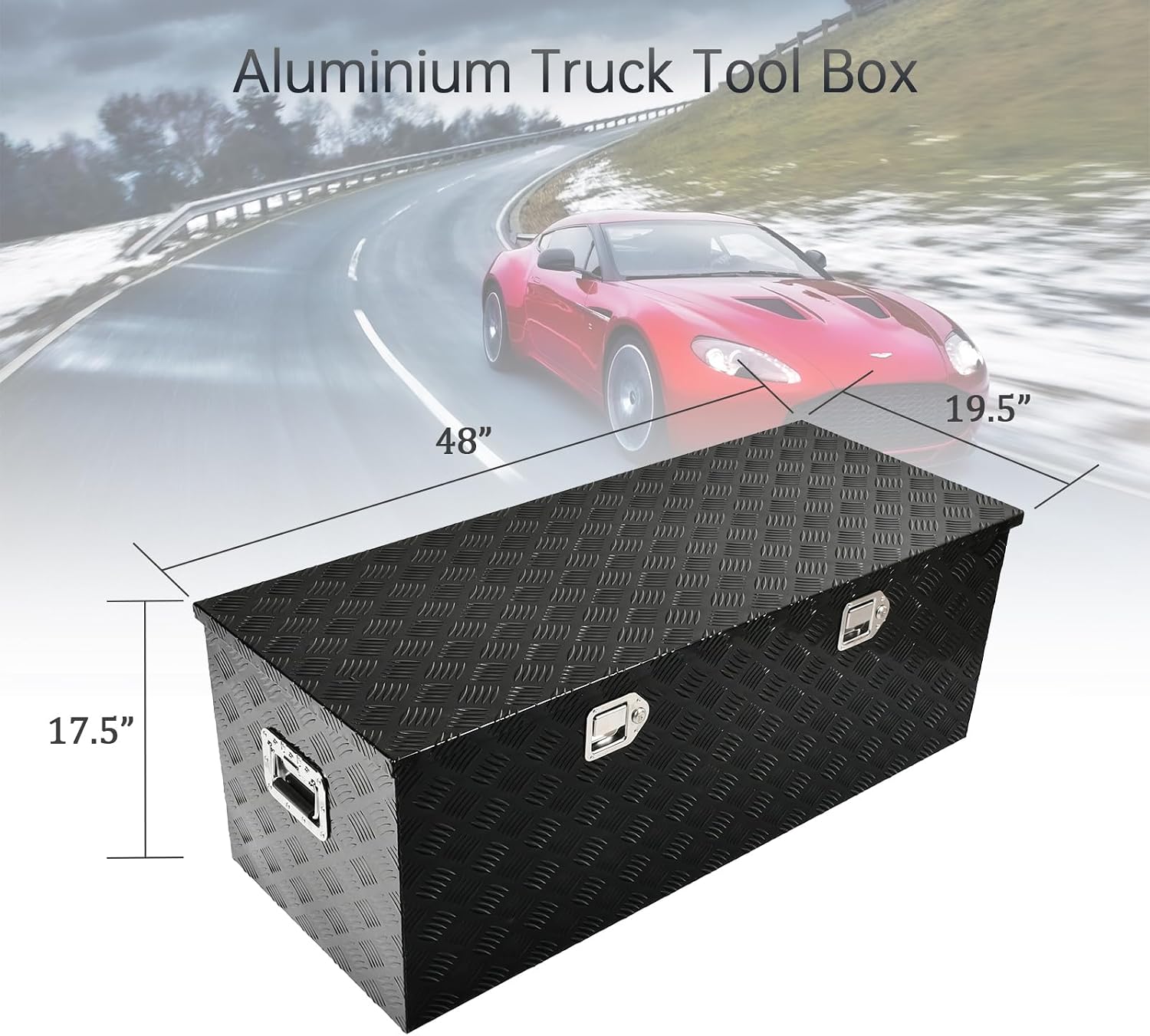 48''Inch Aluminum Truck Tool Box Truck Bed Toolbox Truck Trailer Chest Box Trailer Underbody Storage Organizer Waterproof Square Storage Organizer w/Lock & Keys Black(‎48' x19.5''x17.5'')