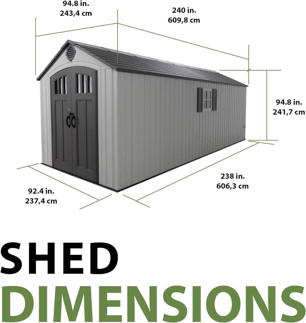 Lifetime Outdoor Storage Shed, 8x20 Ft, Gray, Resin Backyard Tool Shed with Lockable Doors and Weather-Resistant Panels