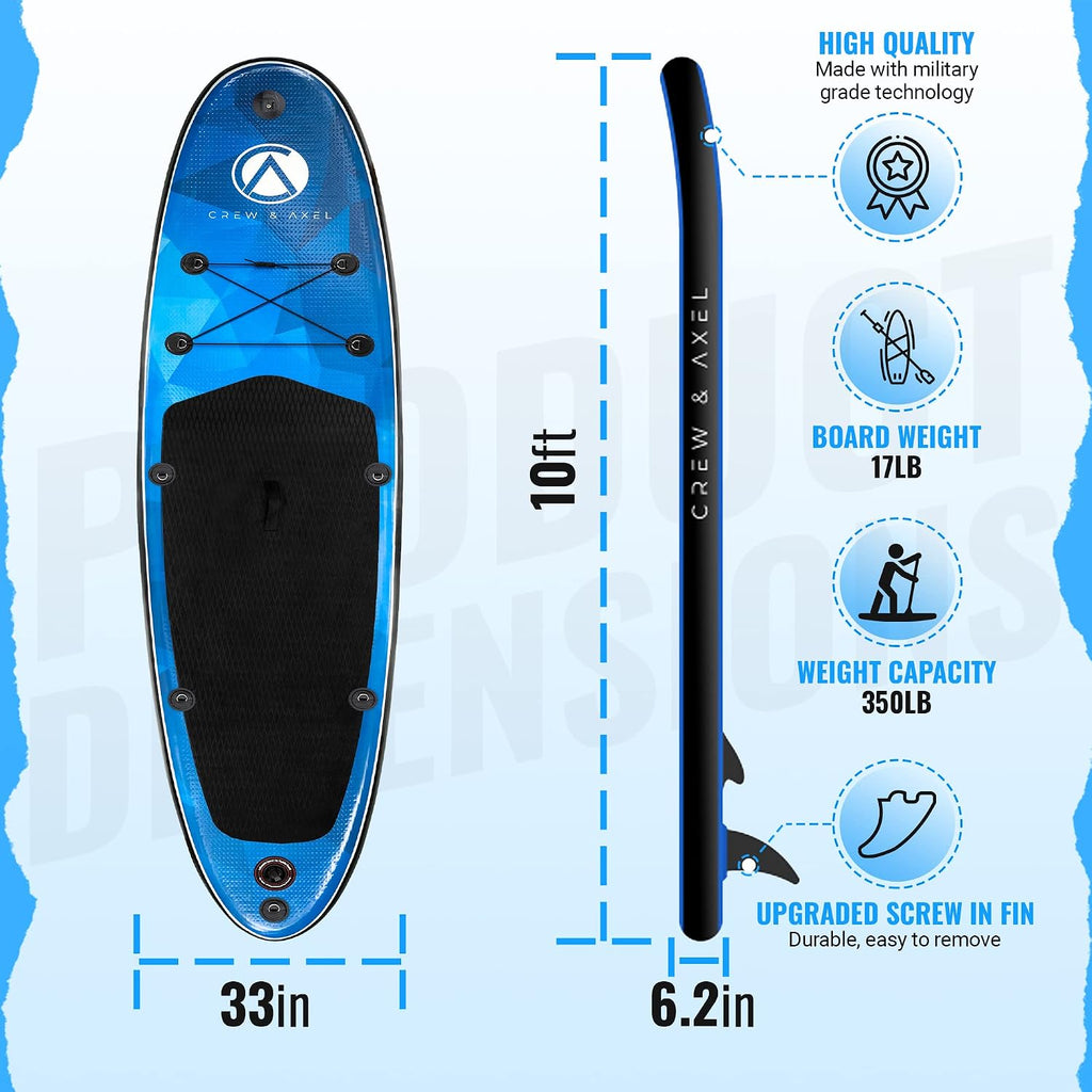 Crew Axel Inflatable Paddle Board 10'33'6' Extra Wide & Lightweight (18lb) Paddle Board – Premium SUP Set Includes 2 Bags, Floating Paddle, Camera Mount, 3 Fins, Dual Pump Kit
